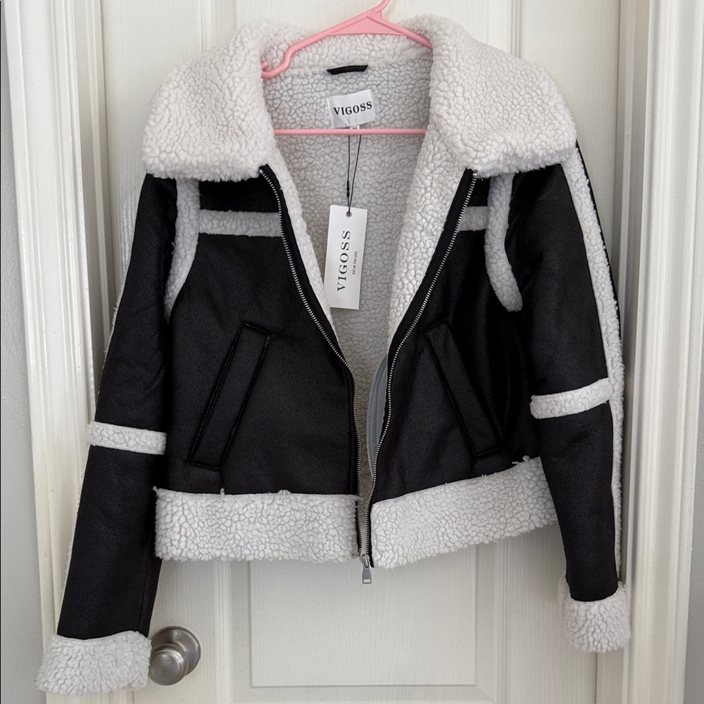 Vigoss Black Jacket with White Shearling Trim